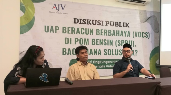 Aliansi Jurnalis Video (AJV) menggelar diskusi publik terkait isu uap bahan bakar SPBU di Hotel Amaris Pancoran, Jakarta Selatan, Sabtu (14/3/2026). (Foto - DSP)