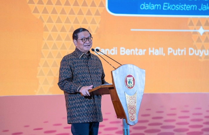 Gubernur DKI Jakarta Pramono Anung di acara BUMD Leaders Forum di Candi Bentar Hall, Putri Duyung Ancol, Jakarta Utara, Jumat (17/4/2026).